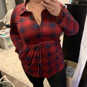 Tunic style flannel top with cinched waist